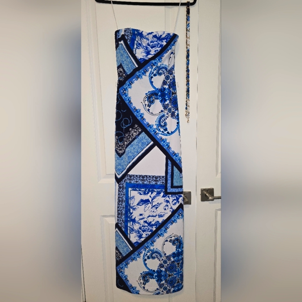 Cache Blue and White Strapless Maxi Dress